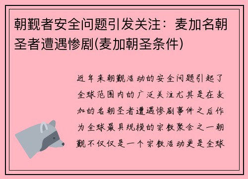 朝觐者安全问题引发关注：麦加名朝圣者遭遇惨剧(麦加朝圣条件)