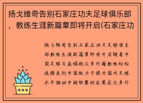 扬戈维奇告别石家庄功夫足球俱乐部，教练生涯新篇章即将开启(石家庄功夫足球队)